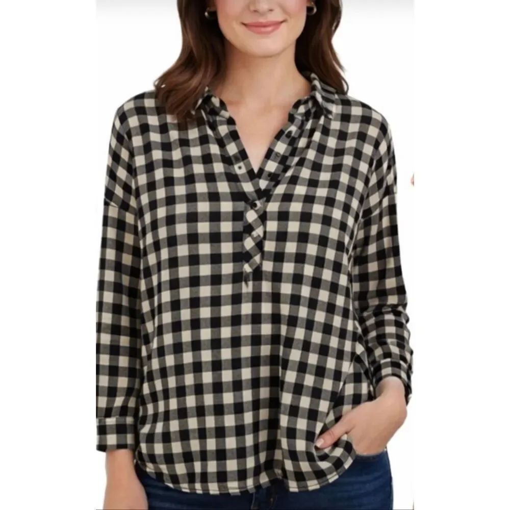 J.Crew black and white checkered gingham popover collared blouse m